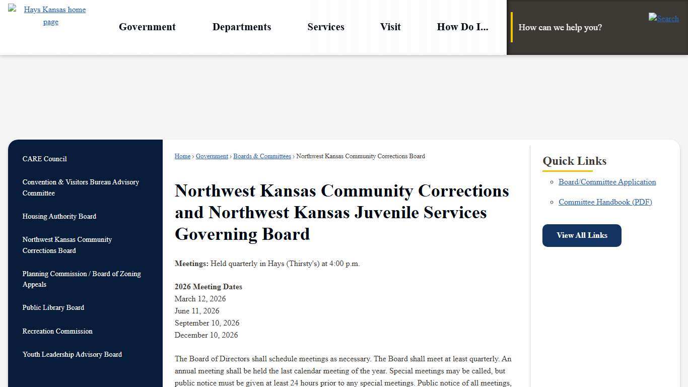 Northwest Kansas Community Corrections and Northwest Kansas Juvenile Services Governing Board Hays, KS