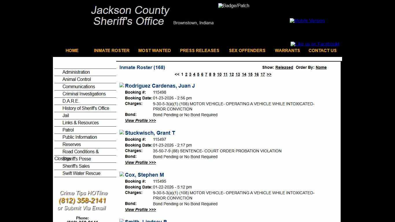 Inmate Roster - Current Inmates Booking Date Descending - Jackson County IN Sheriff